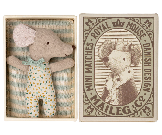 Maileg - Blue Dot Sleepy Wakey Baby Mouse in Matchbox