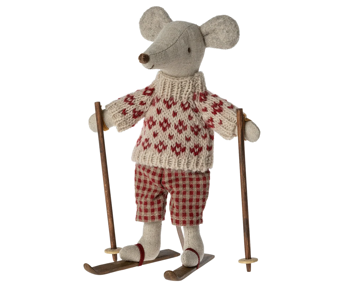 Maileg Winter Mouse with Ski Set for kids, dressed in warm winter clothing and holding skis, ideal for festive holiday decor.