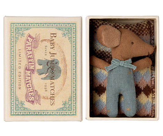 Maileg - Blue Sleepy Wakey Baby Mouse in Matchbox