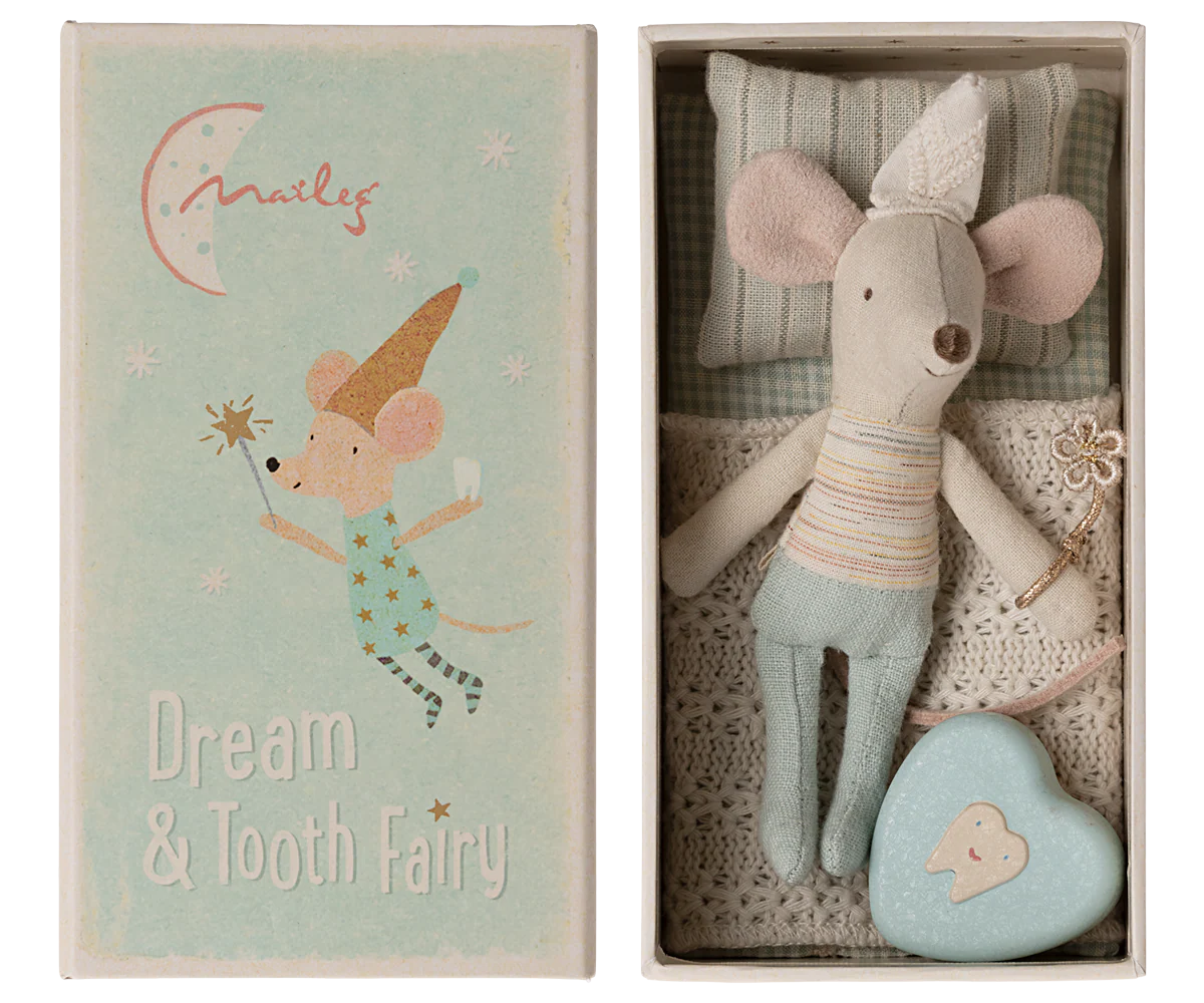 Maileg Tooth Fairy Mouse and Little Brother in a matchbox, soft fabric toy with detailed embroidery and miniature design.