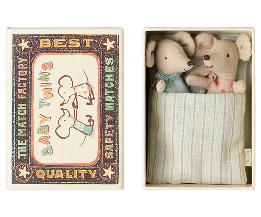 Maileg Twins Baby Mice in a matchbox toy set, featuring adorable miniature mice inside a decorative matchbox.