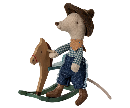 Maileg Cowboy Mouse on rocking horse toy, Little Brother edition, featuring detailed mouse figure and wooden rocking horse.