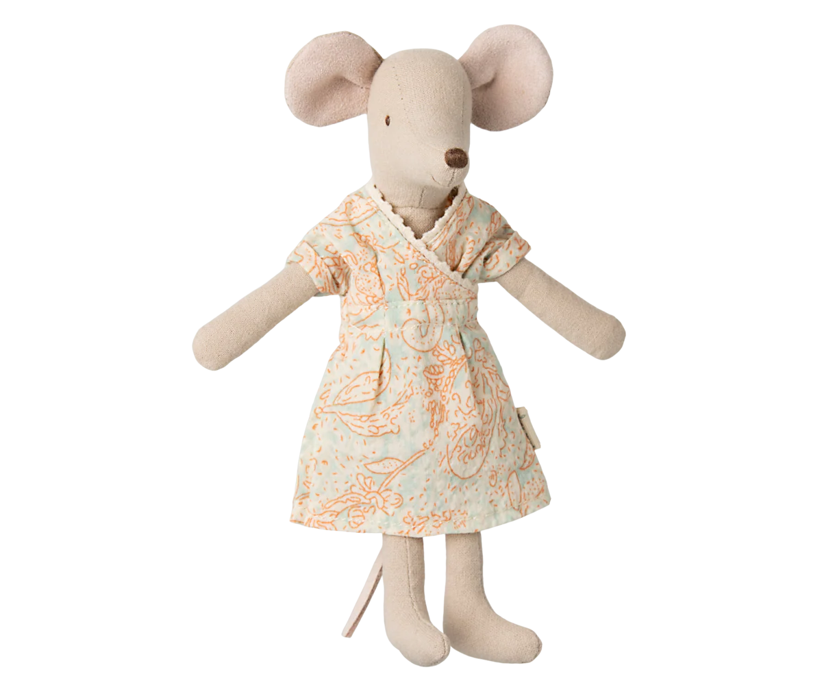 Maileg Mum Mouse plush toy with detailed clothing and soft fabric, perfect for children's play and cuddling.