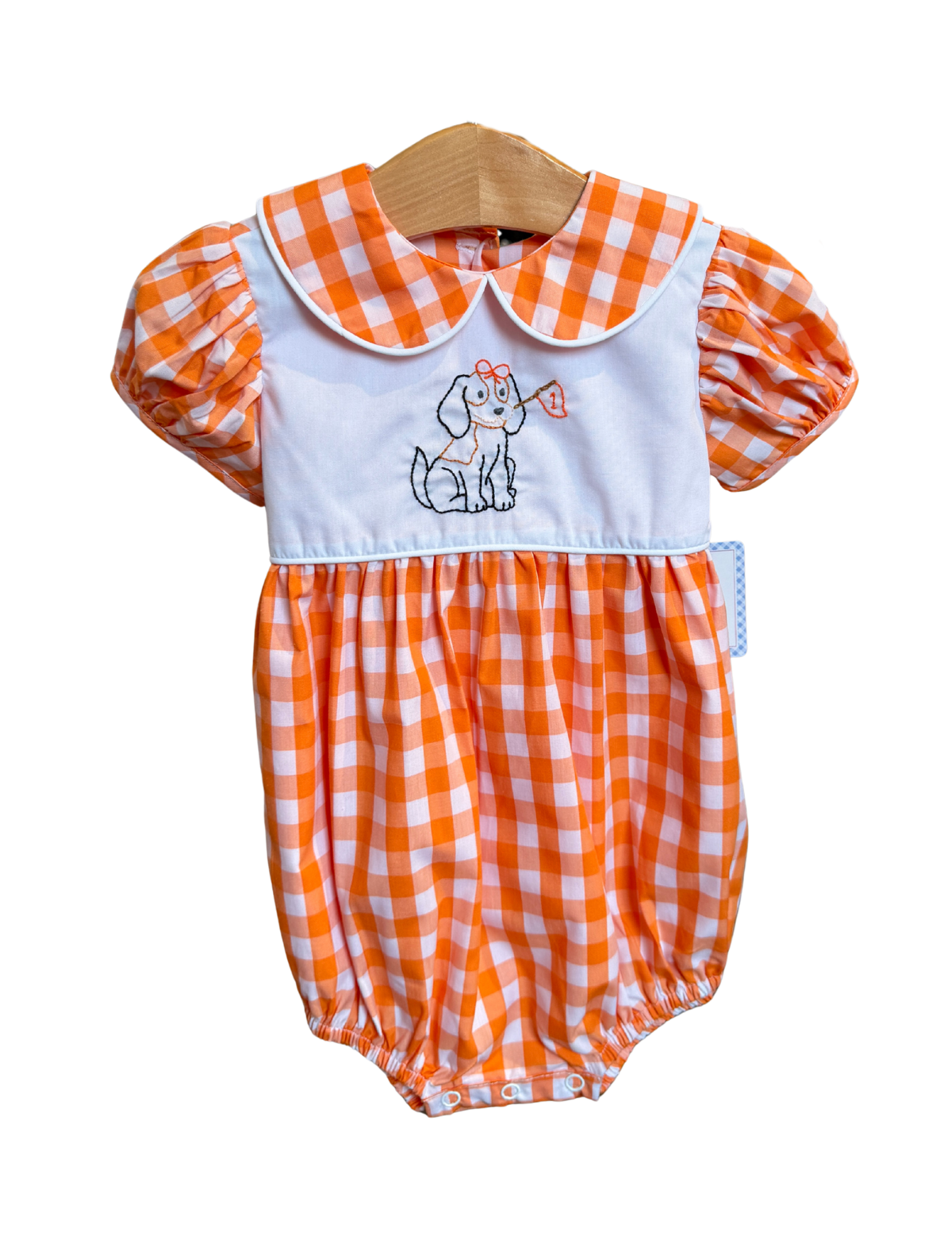 Orange and white gingham Smokey Girl embroidered bubble from Remember Nguyen, featuring playful embroidery and lightweight fabric.