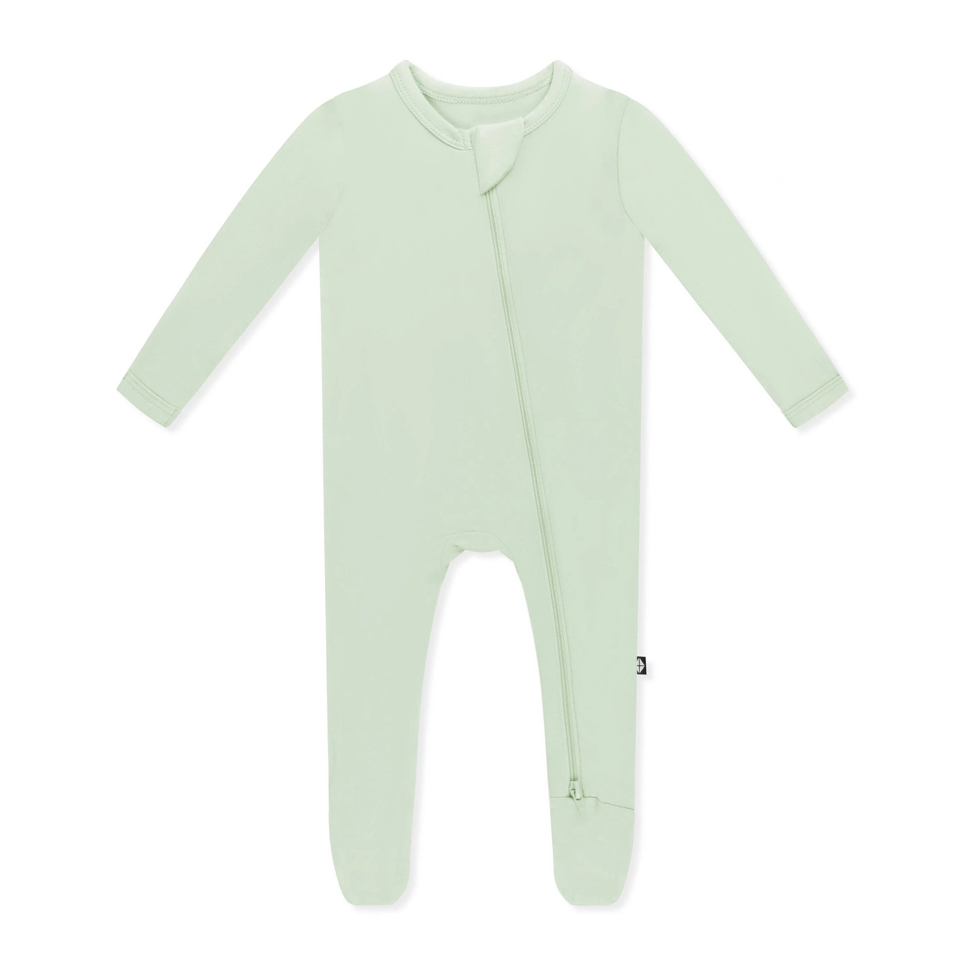 Kyte Baby zippered footie in Basil, soft and cozy sleepwear for babies with front zipper and footed design.