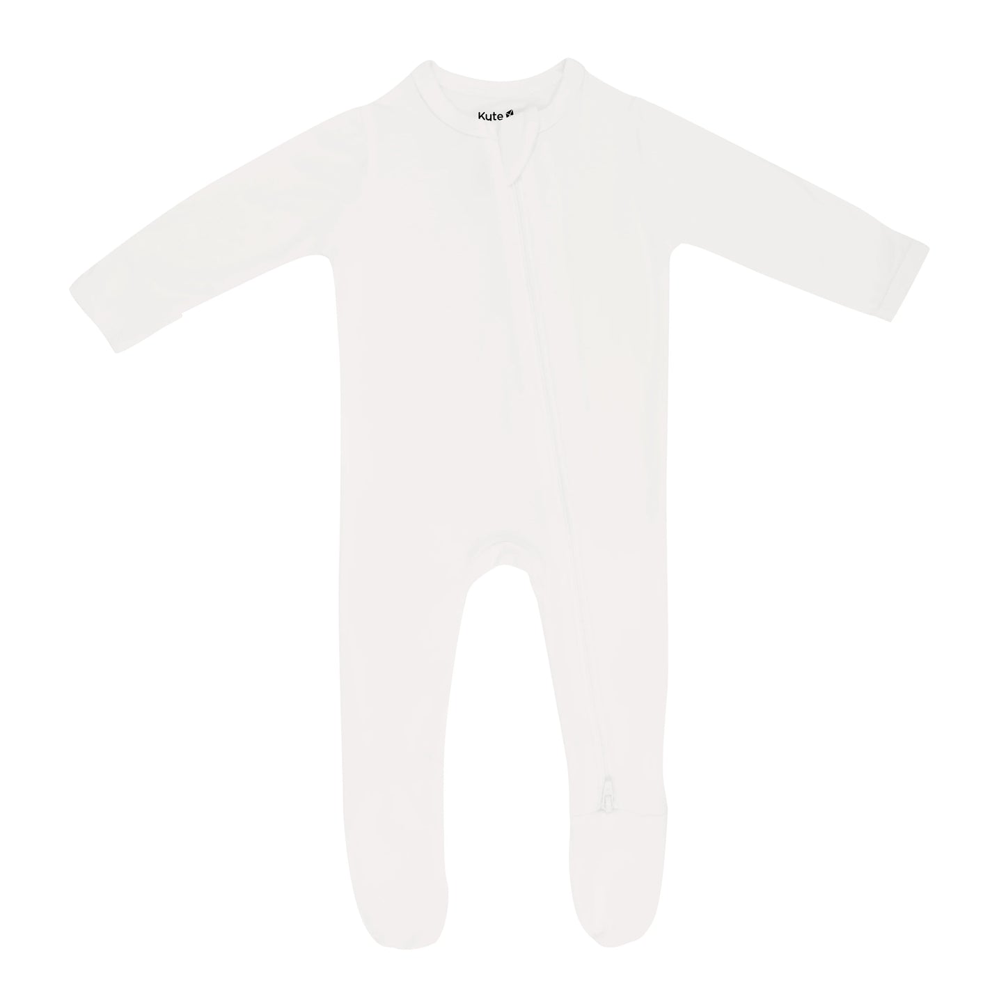 Kyte Baby zip-up footie pajamas in soft Cloud fabric, featuring a front zipper and cozy footed design for babies.