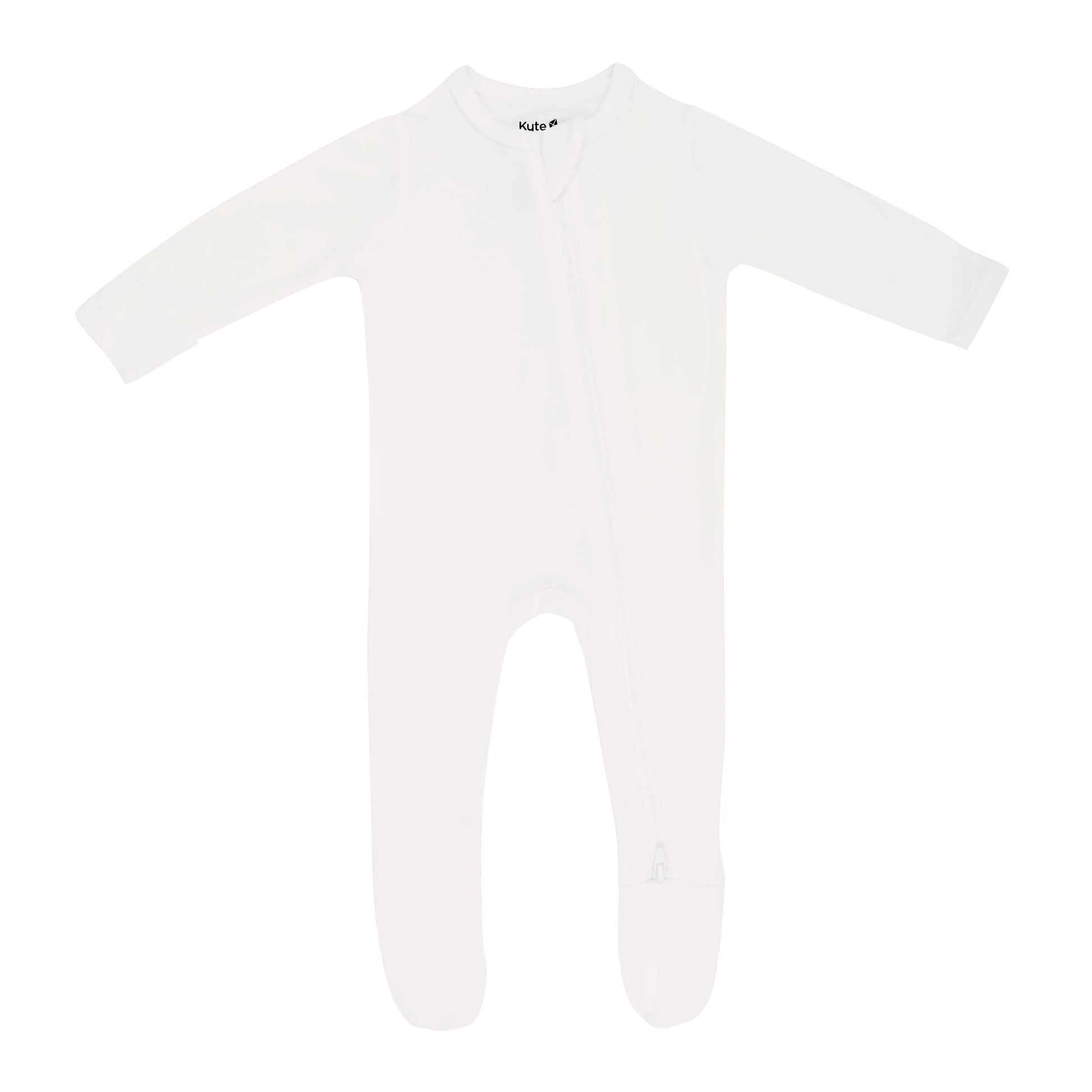 Kyte Baby zip-up footie pajamas in soft Cloud fabric, featuring a front zipper and cozy footed design for babies.