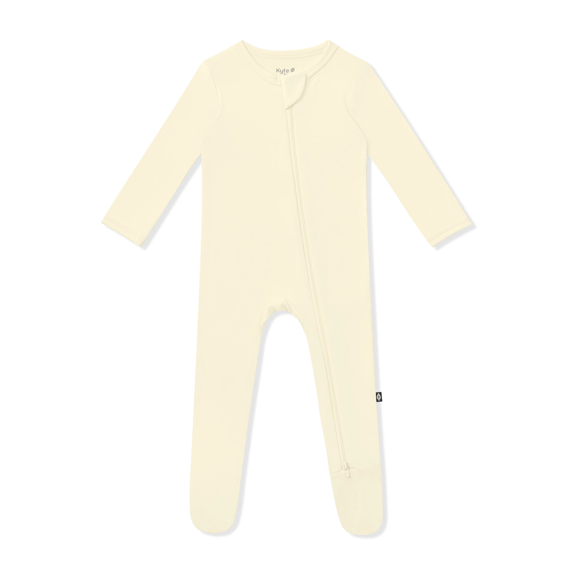 Kyte Baby zippered footie in chamomile, soft baby onesie with zipper closure, made from cozy, gentle fabric for infants.