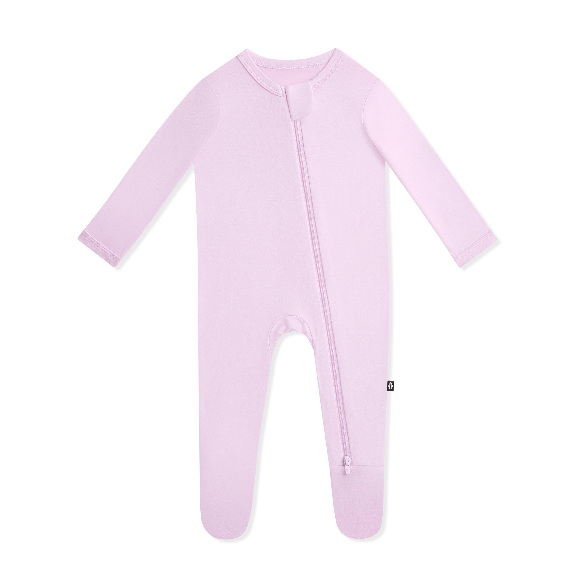 Kyte Baby zippered footie in Thistle color, soft cozy one-piece pajamas for infants with front zipper and footed design.