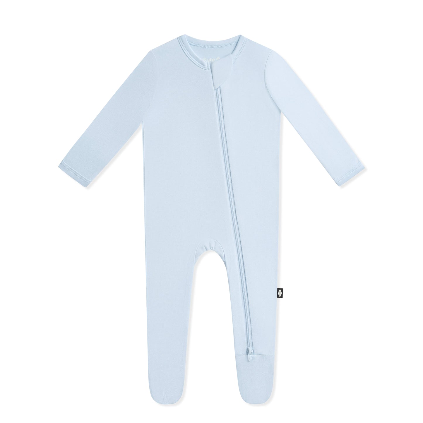 Kyte Baby zippered footie in Breeze color, soft baby onesie with zipper closure, cozy and comfortable for infants.