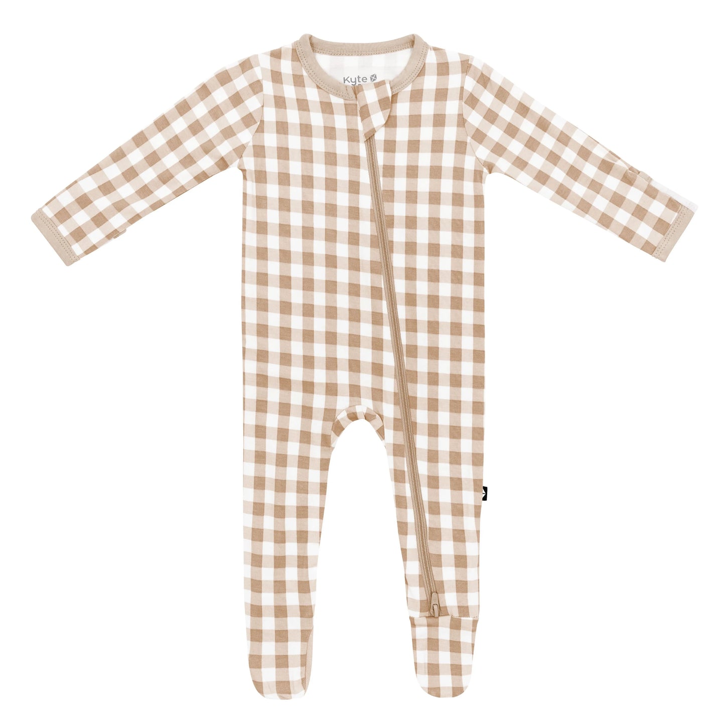 Kyte Baby zippered footie in gingham bisque fabric, featuring a full front zipper and soft, cozy material for infants.