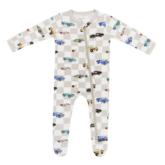 Kyte Baby Zippered Footie in Fast and Fierce design, soft fabric, with front zipper and footed style for infants.
