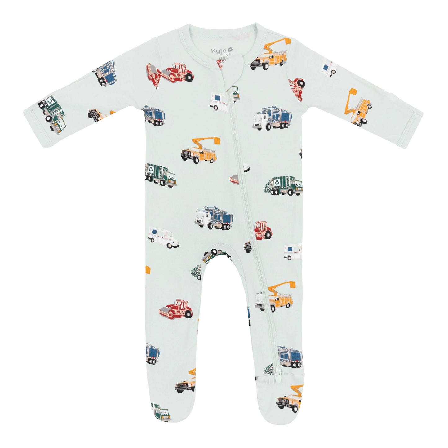 Kyte Baby zippered footie featuring city vehicle print, soft baby pajamas with front zipper and footed design for comfort.