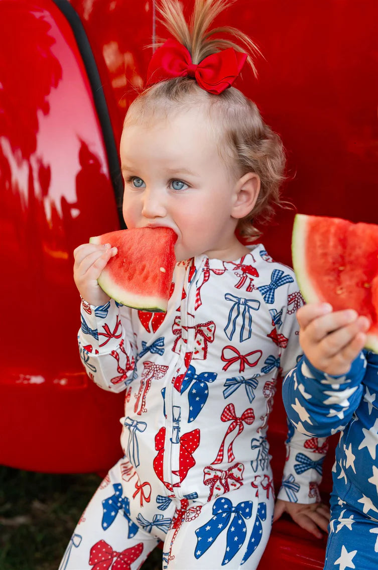 In My Jammers - Red White & Blue Bows Zipper Romper