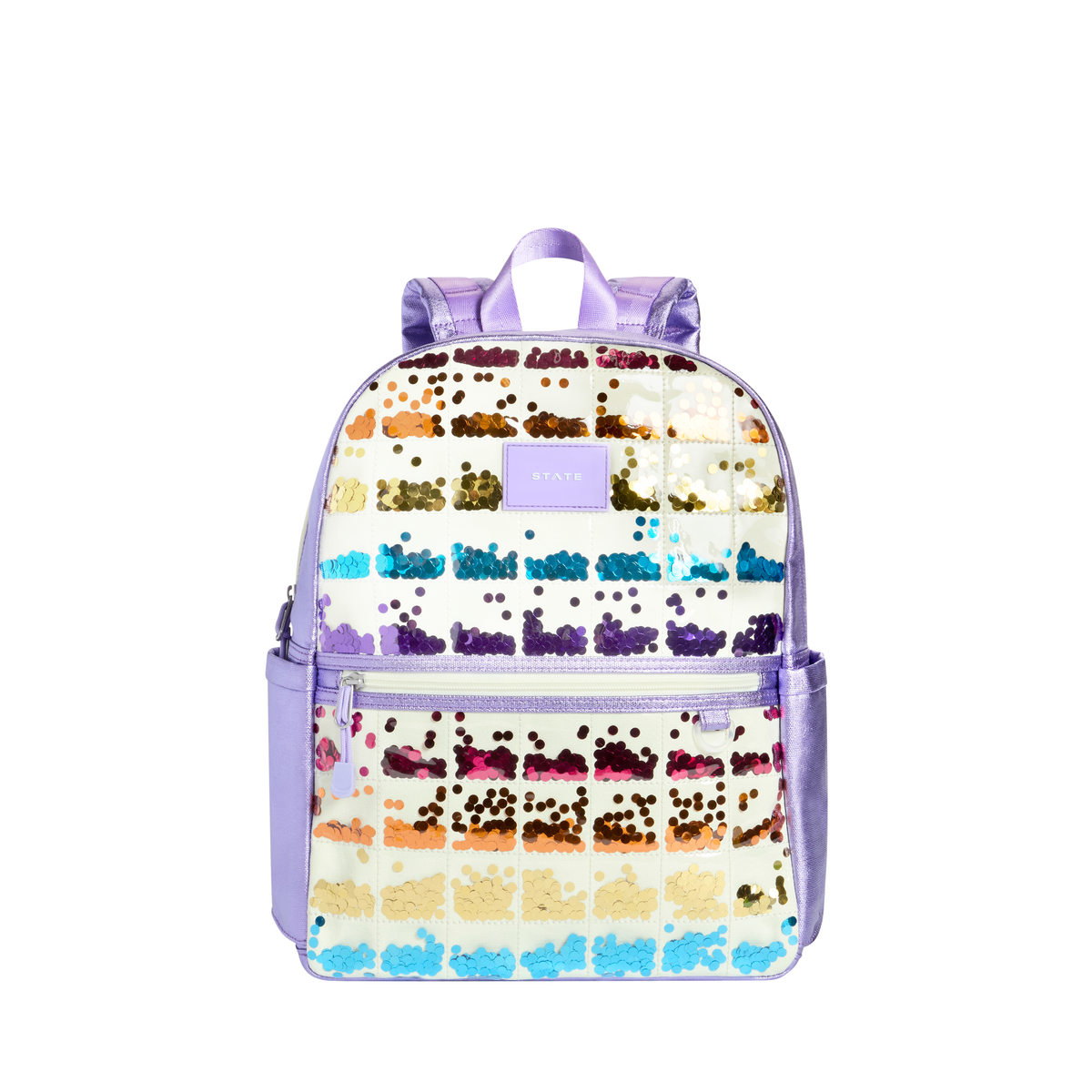 Lilac quilted sequin Kane double pocket backpack by State Bags with front zip pockets and adjustable straps.