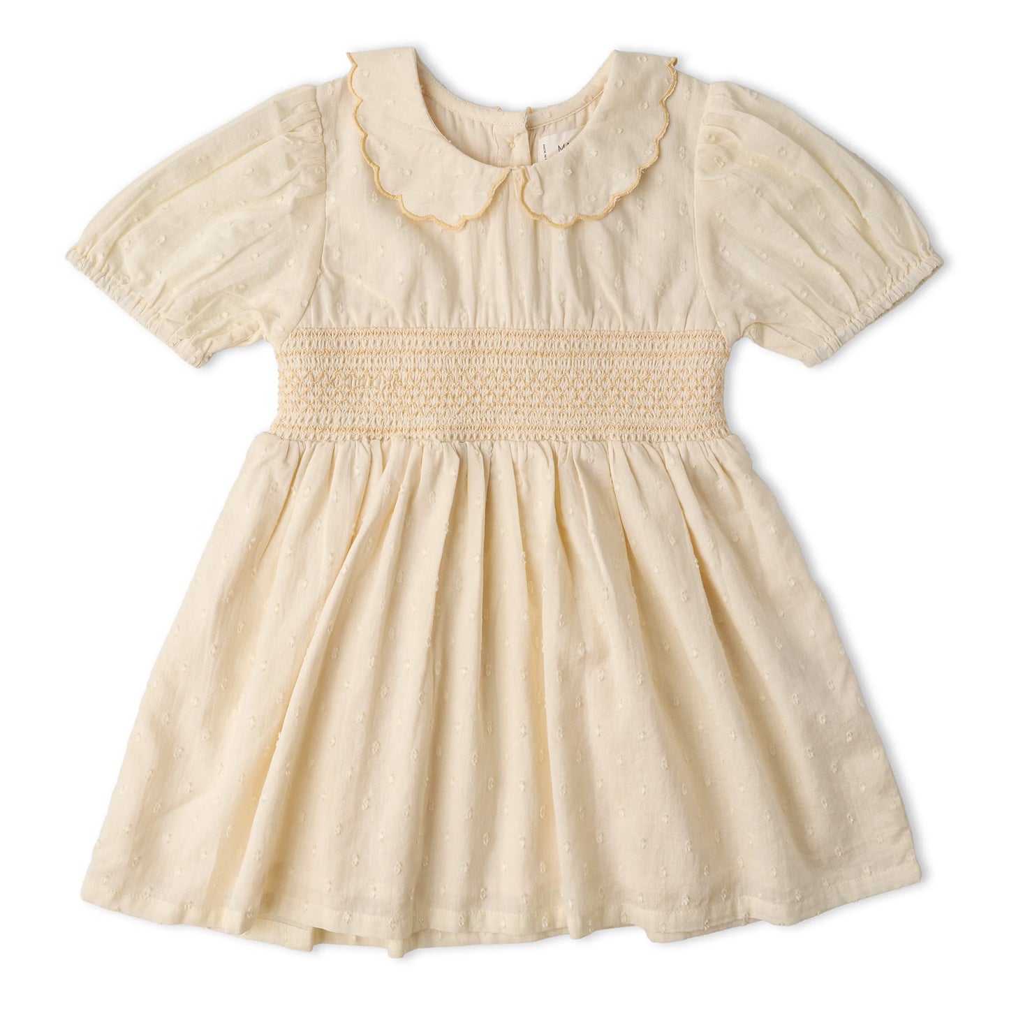 Butter yellow organic smocked collar dress by MakeMake featuring a fitted bodice and flowy skirt, perfect for casual or semi-formal wear.