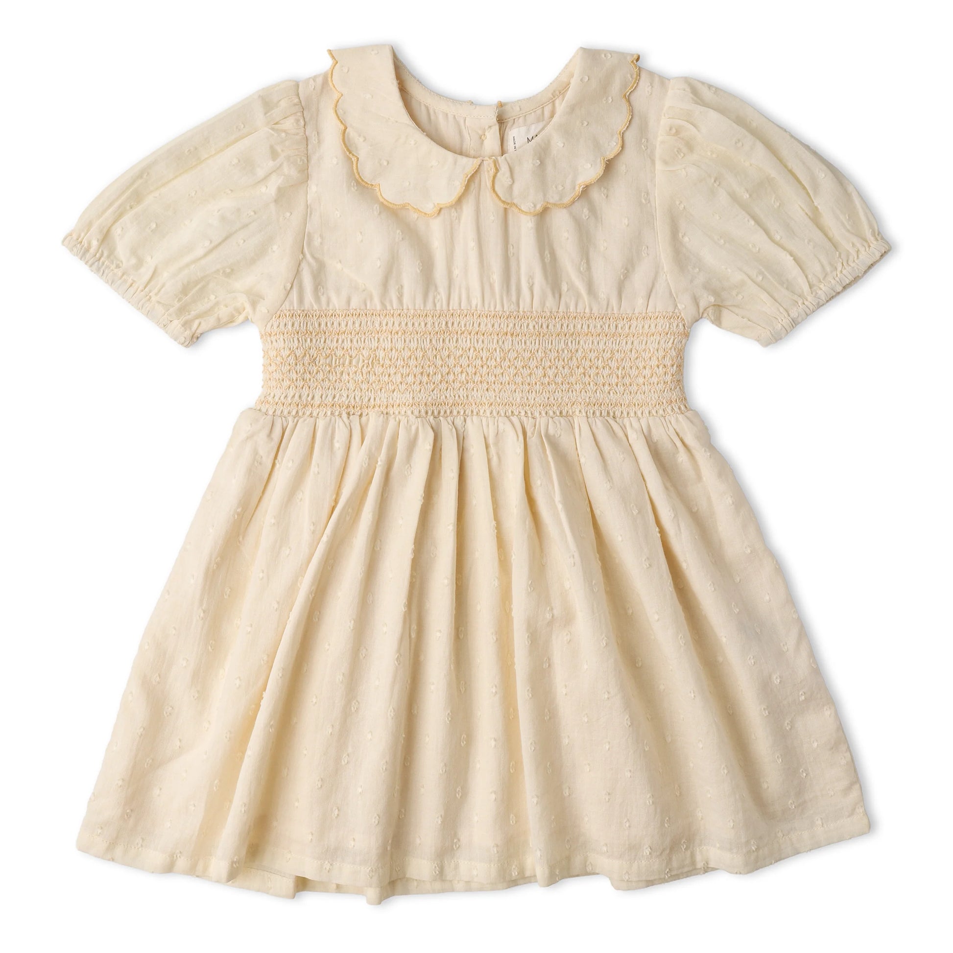 Butter yellow organic smocked collar dress by MakeMake featuring a fitted bodice and flowy skirt, perfect for casual or semi-formal wear.