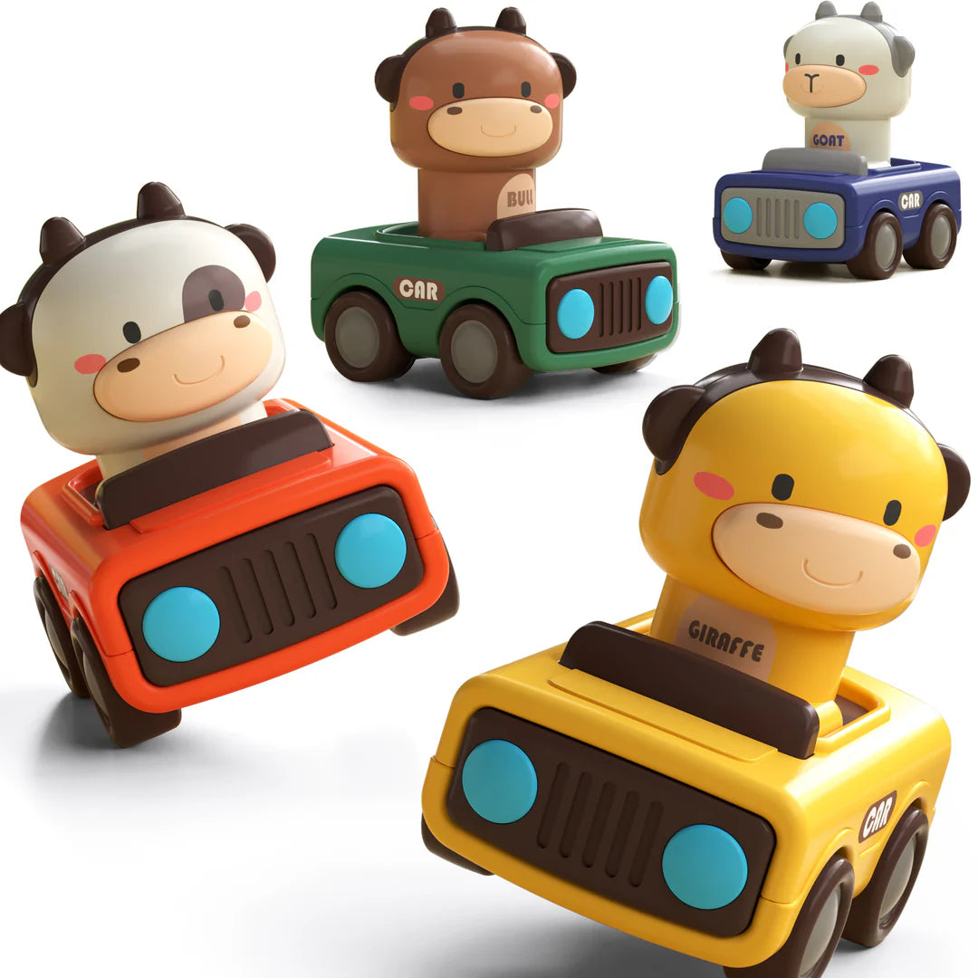 Press and go animal car toy by iplayilearn featuring colorful animal characters for toddler play and learning.