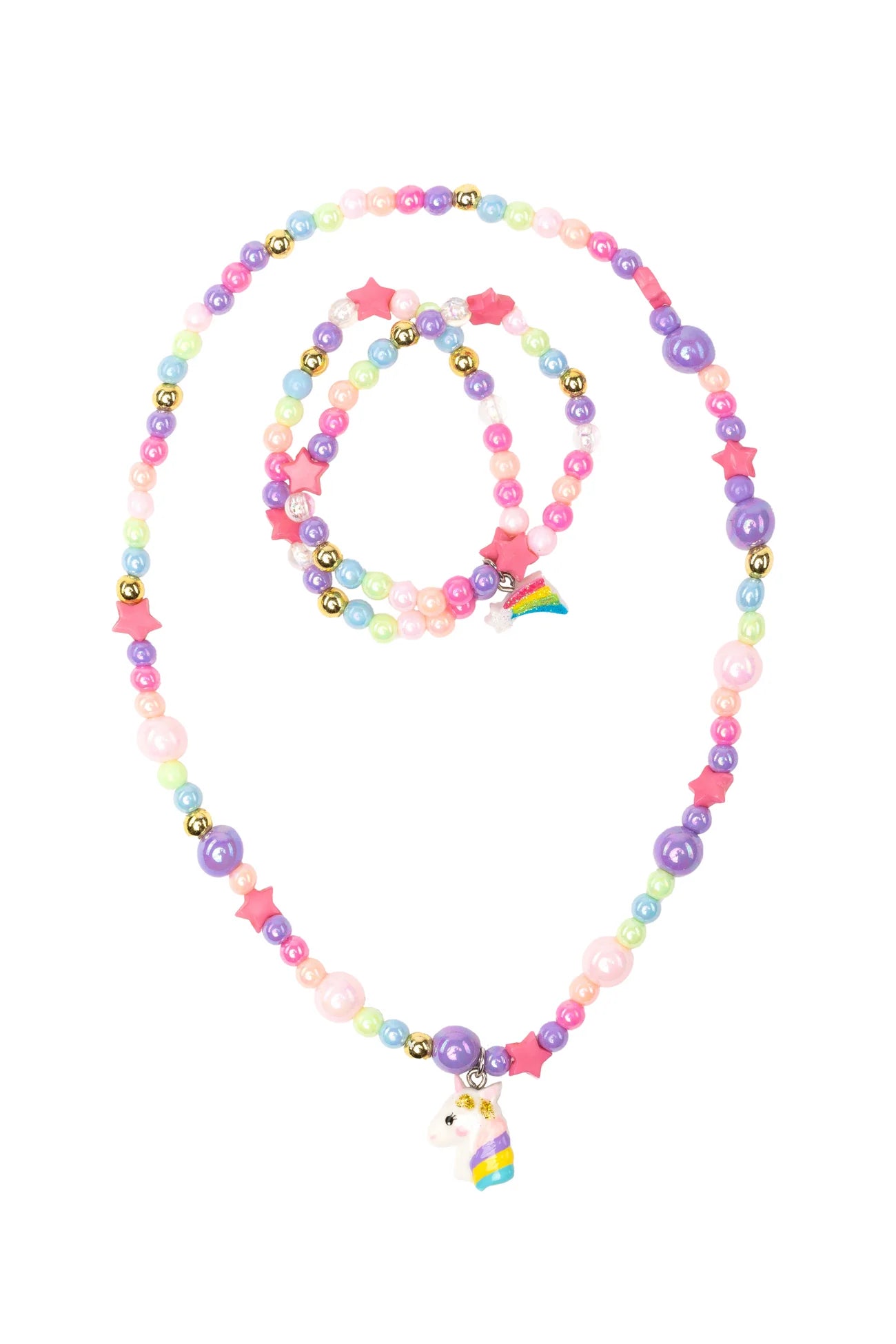 Cheerful starry unicorn necklace and bracelet set by Great Pretenders, featuring colorful beads and whimsical unicorn charms.