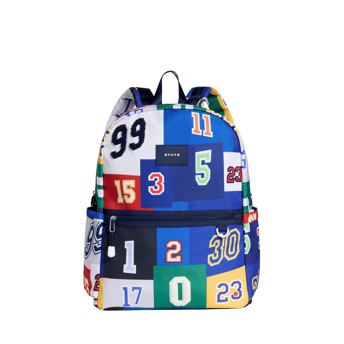 State Bags Kane varsity numbers double pocket backpack with adjustable straps and large front pockets for school or casual use.