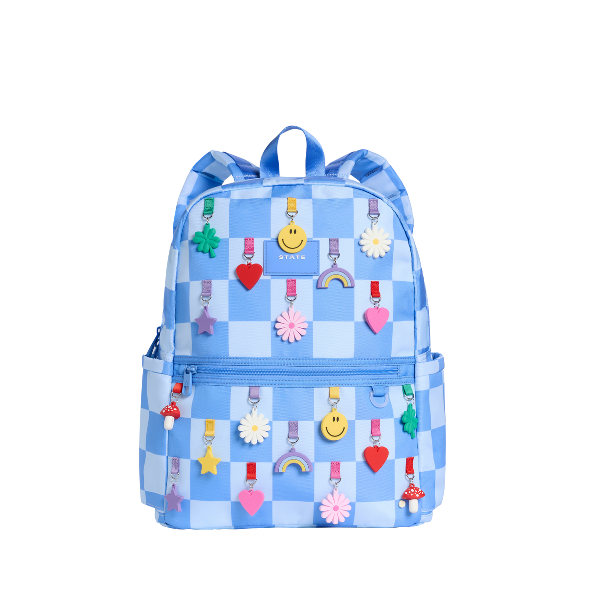 Blue check Kane double backpack by State Bags with charm accents, featuring multiple compartments and adjustable straps.