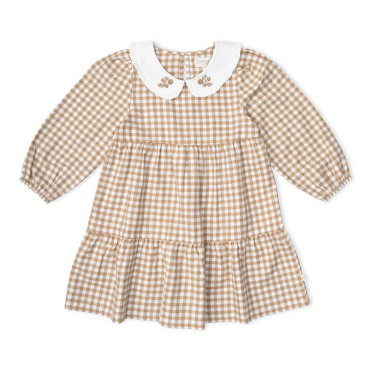 Oat Gingham Organic Collar Tiered Dress