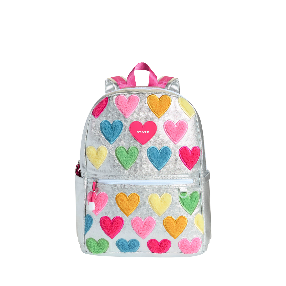 Happy Fuzzy Hearts Kane double pocket backpack by State Bags, featuring soft fuzzy fabric with pink heart designs and sturdy straps.