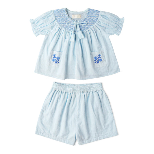Light Blue Organic Smocked Top & Shorts Set