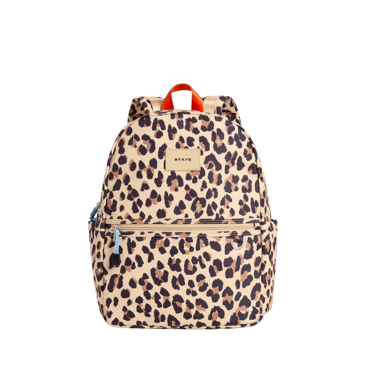 Leopard Kane backpack by State Bags with a leopard print design, featuring adjustable straps and multiple compartments.
