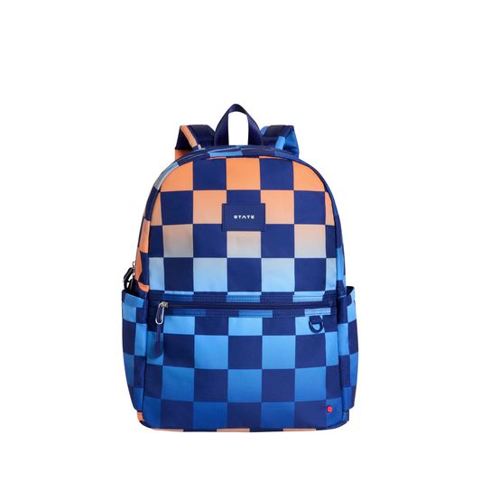 Gradient checkerboard Kane double pocket backpack by State Bags with adjustable straps and multiple compartments.