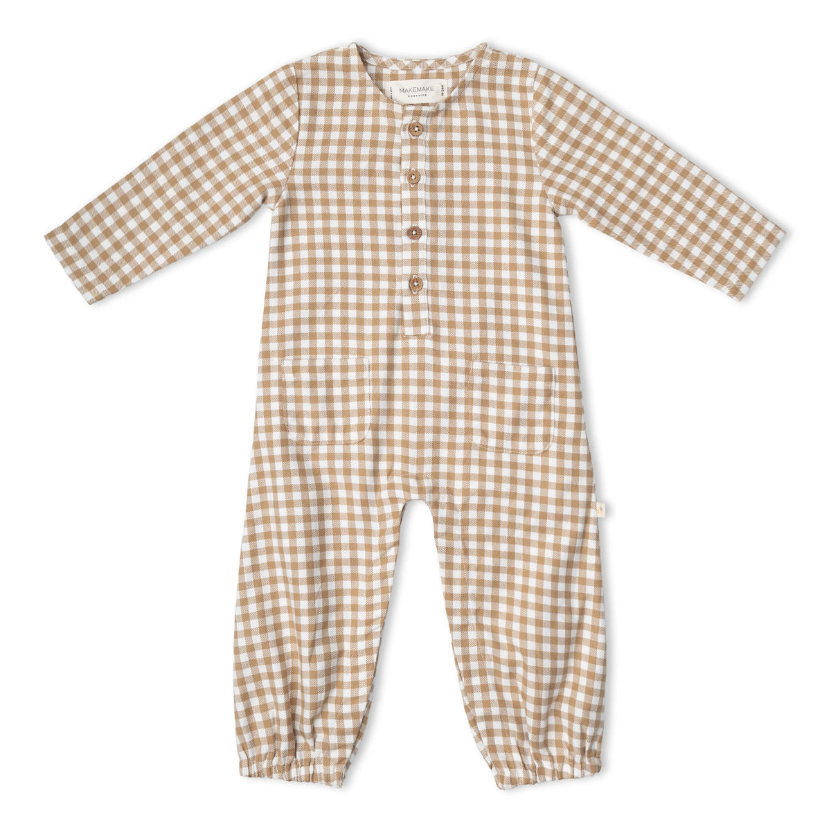 Oat Gingham Organic Long Sleeve Button Romper