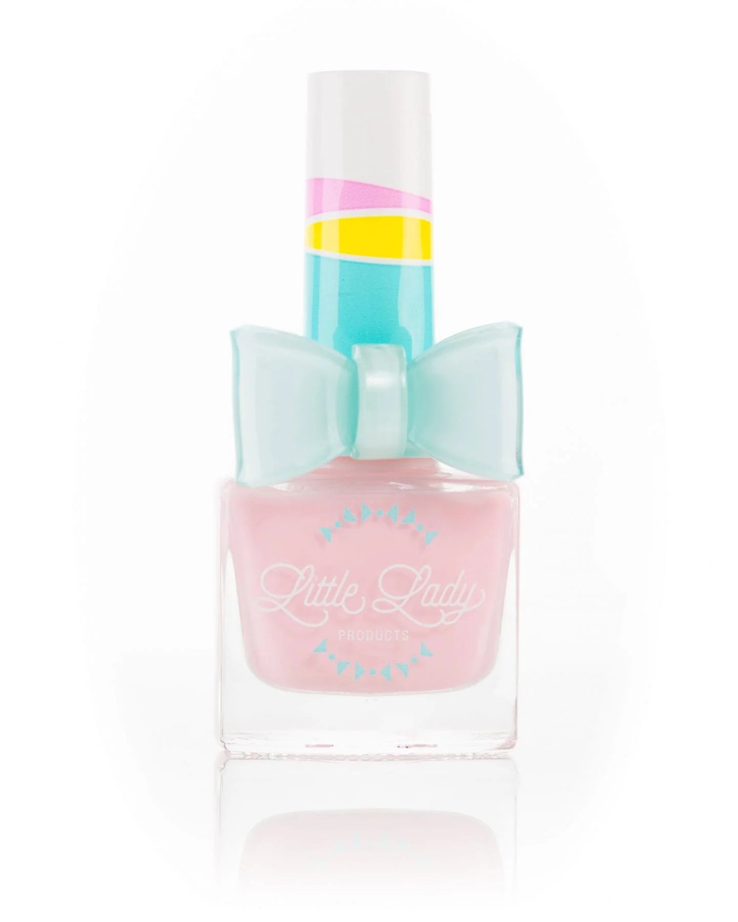 Little Lady kid-safe scented nail polish in marshmallow clouds flavor, featuring pastel pink and white nail colors.