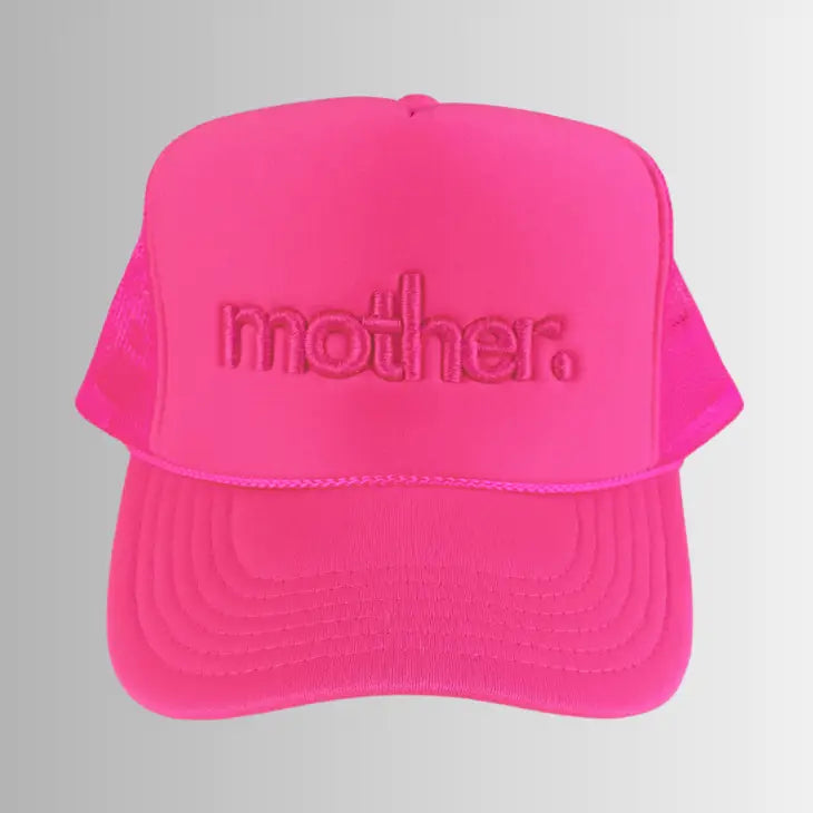 Mother embroidered trucker hat in vibrant neon pink with detailed embroidery, stylish casual headwear for women