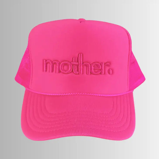Mother embroidered trucker hat in vibrant neon pink with colorful embroidered design on front, casual and stylish accessory.