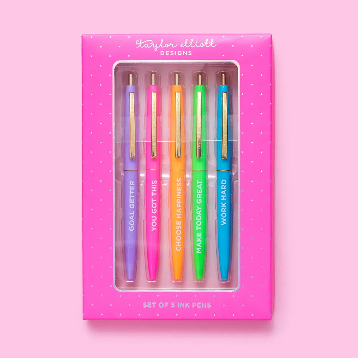 Taylor Elliot Designs motivational 5-piece pen set in assorted colors, featuring stylish pens with inspiring messages.