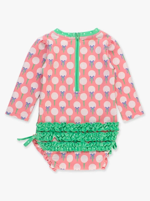 Ruffle Butts - Pink Tee Time Long Sleeve One Piece Rash Guard Swimsuit