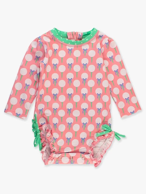 Ruffle Butts - Pink Tee Time Long Sleeve One Piece Rash Guard Swimsuit