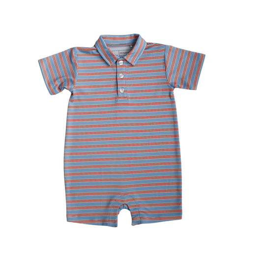 Hollis Baker red and blue striped Knox romper for babies, featuring soft fabric and playful design.