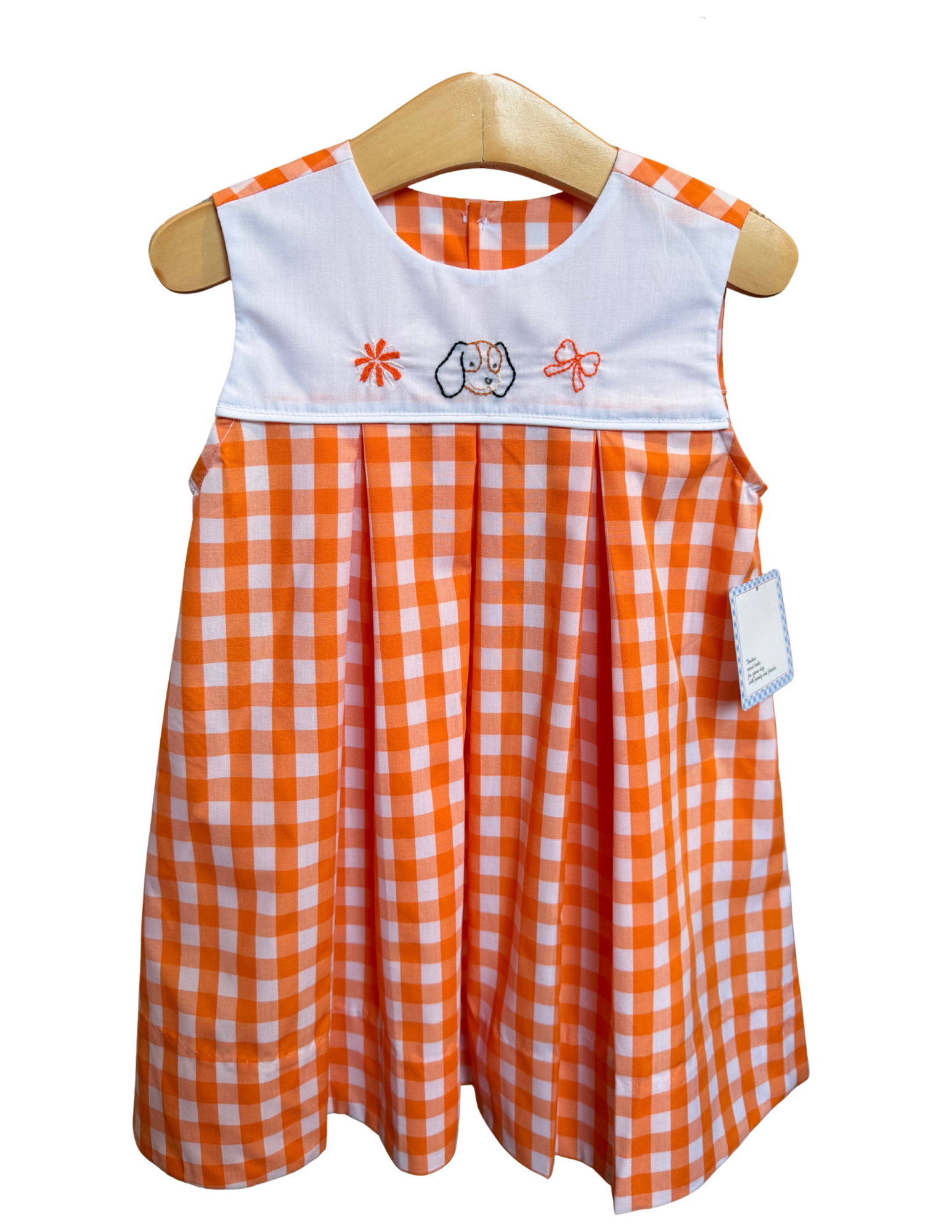 Orange and white gingham dress by Remember Nguyen featuring smokey cheer embroidery and a stylish, vintage-inspired design.
