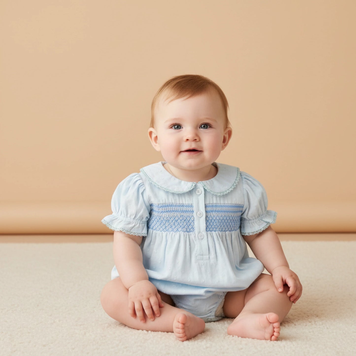 Light Blue Organic Smocked Button Romper