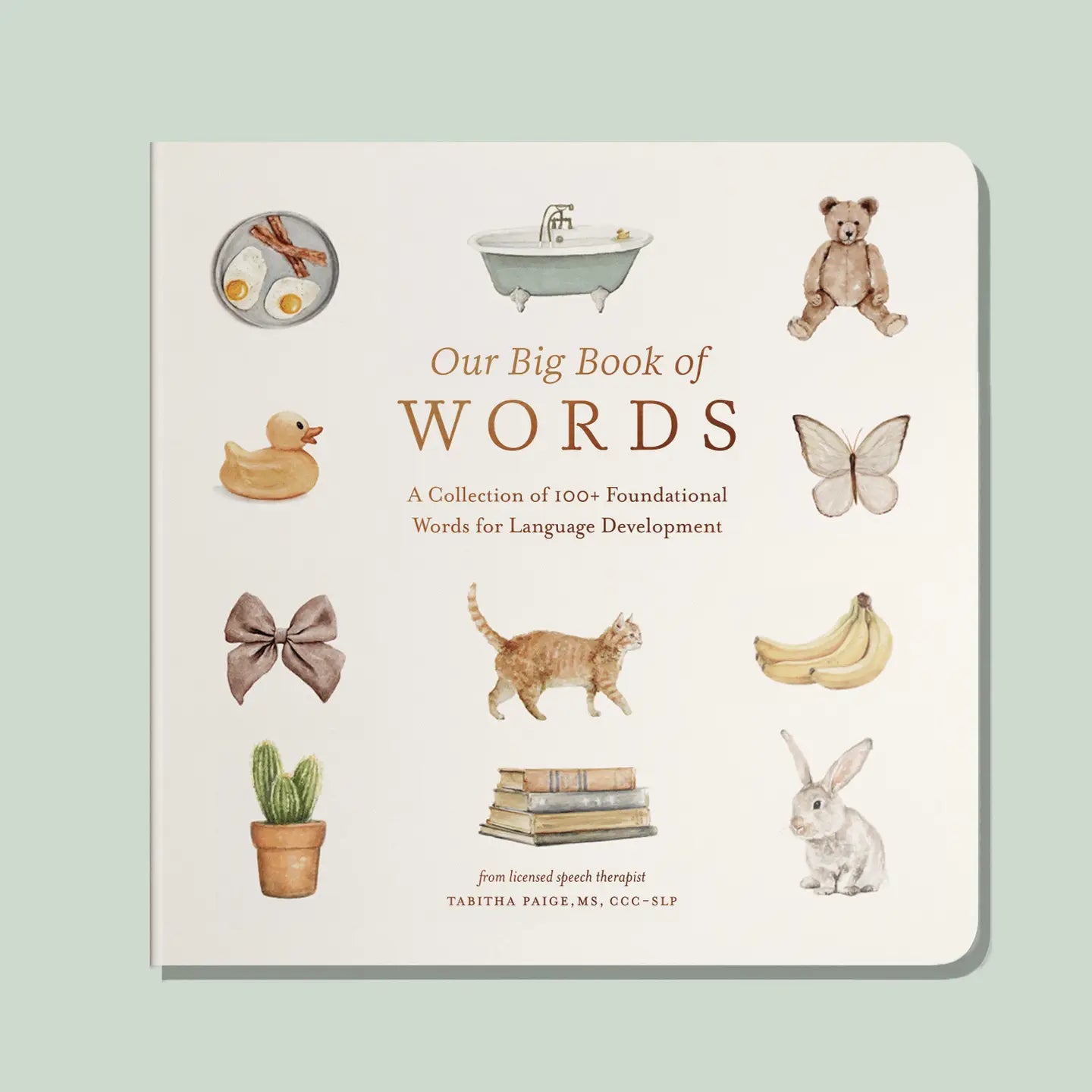 Toddler holding "Our Big Book of First Words" board book by Paige Tate & Co., colorful pages for early vocabulary learning.