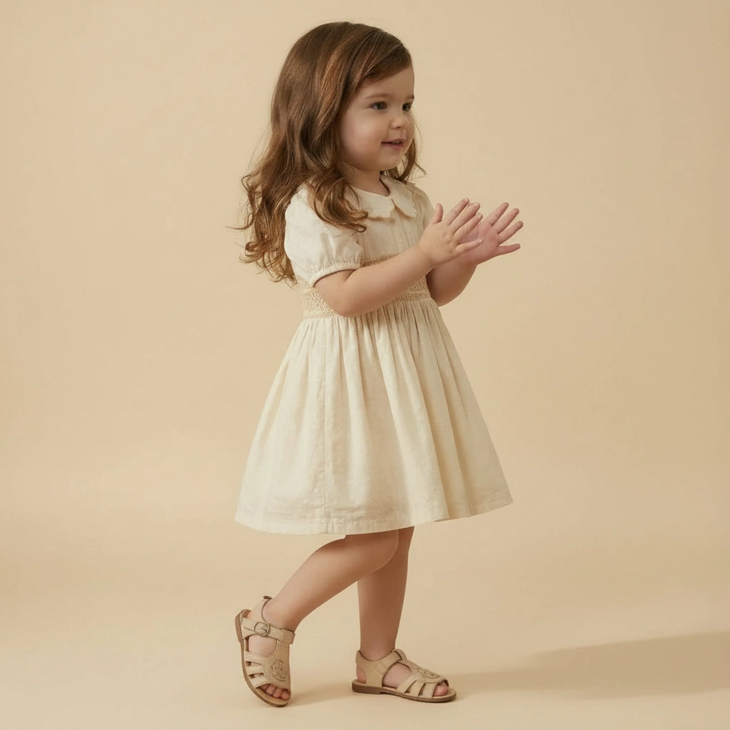 Butter yellow organic cotton smocked collar dress by MakeMake, featuring a fitted bodice and flowing skirt, displayed on a hanger.
