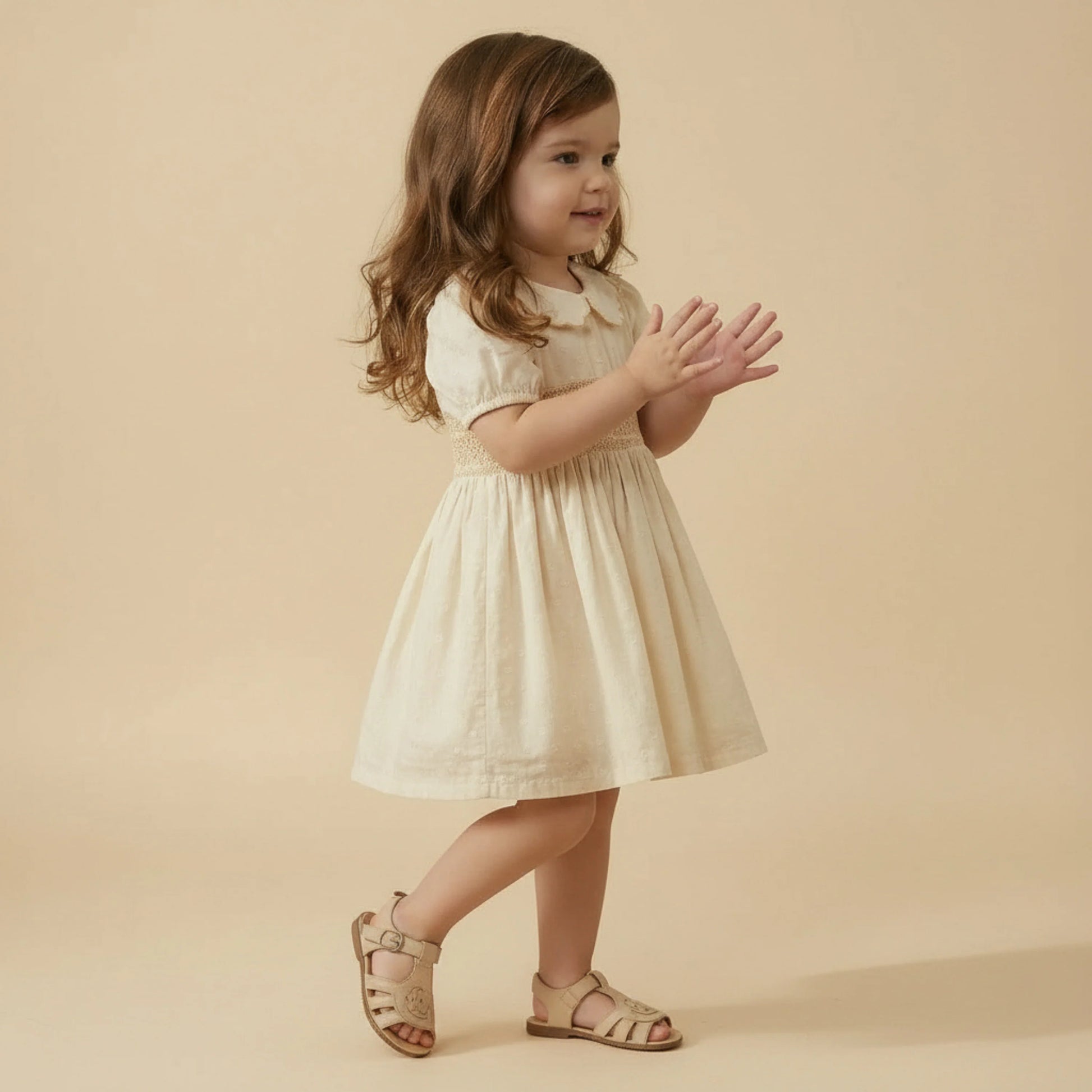 Butter yellow organic cotton smocked collar dress by MakeMake, featuring a fitted bodice and flowing skirt, displayed on a hanger.