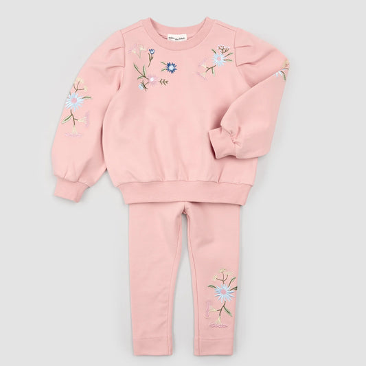 Pink Sweatshirt & Legging Set with Floral Embroidery
