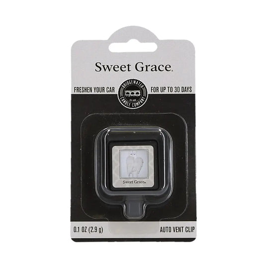 Bridgewater Candle Company Sweet Grace auto vent clip with floral design for car air freshening.