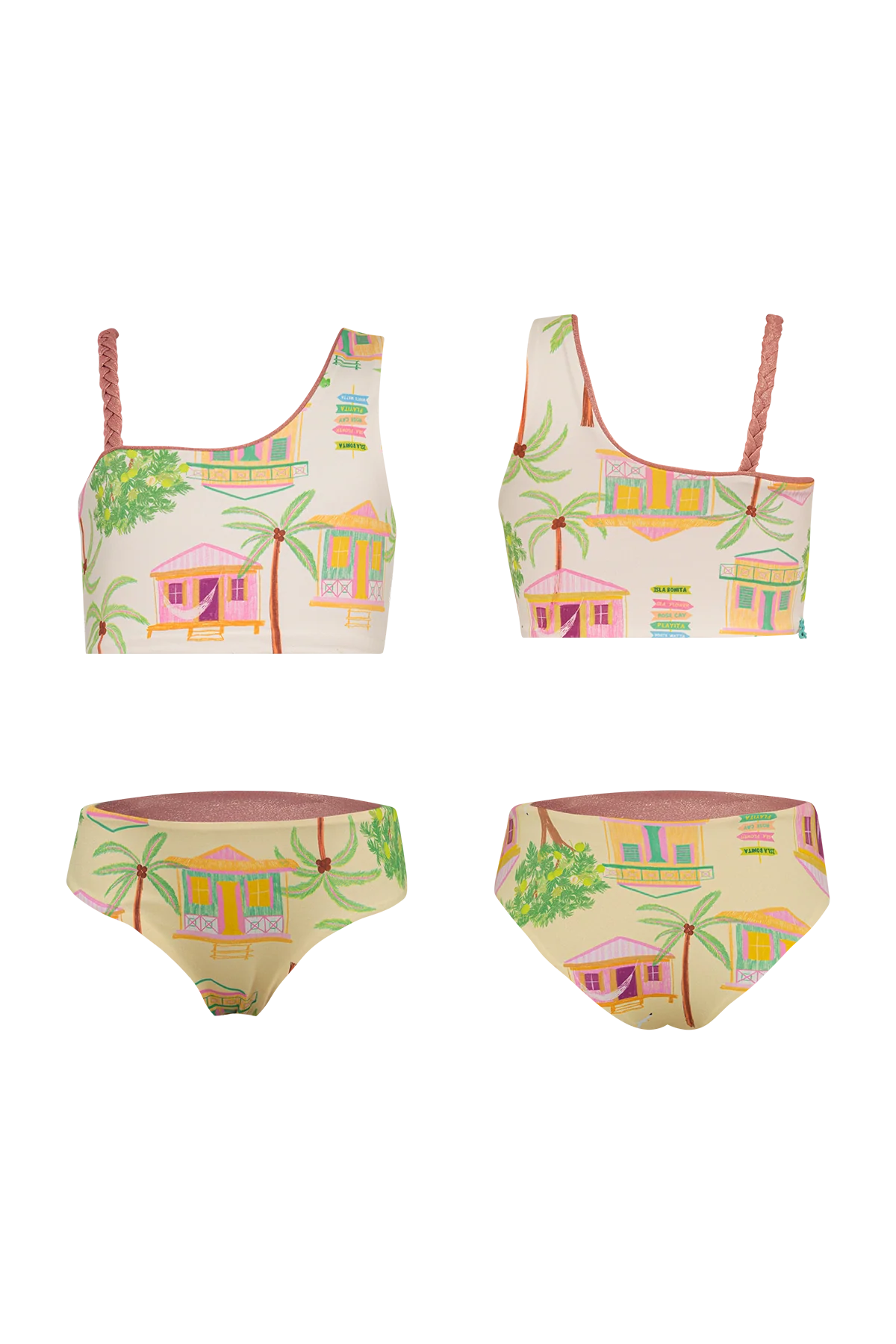 Pepita & Me Casitas Islenas Arena Marea bikini top with tropical print and adjustable straps, shown on a mannequin.