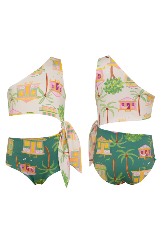 Pepita & Me Casitas Islenas Arena Knot Trikini in vibrant colors, featuring a knot detail and tropical print bikini top and bottom.