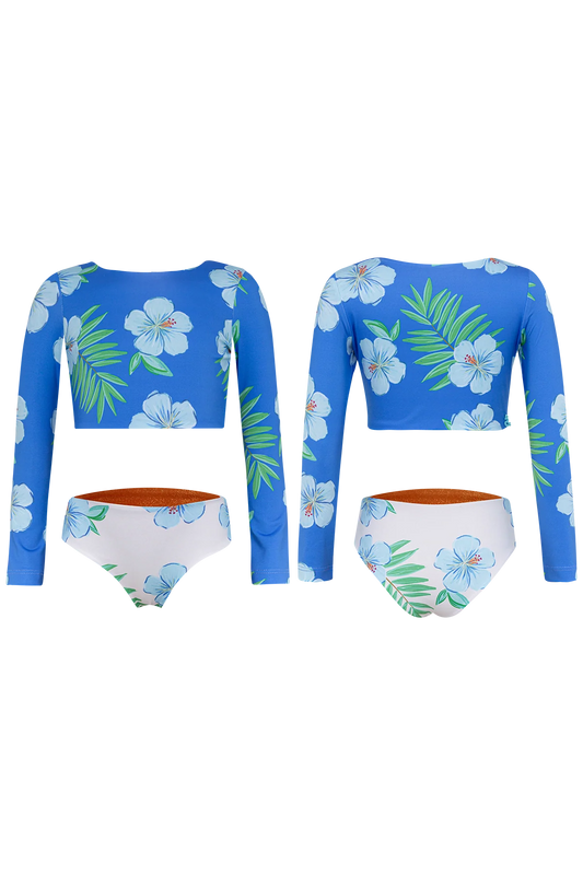 Blue hibiscus sun bikini from Pepita & Me featuring a vibrant floral design and adjustable straps.