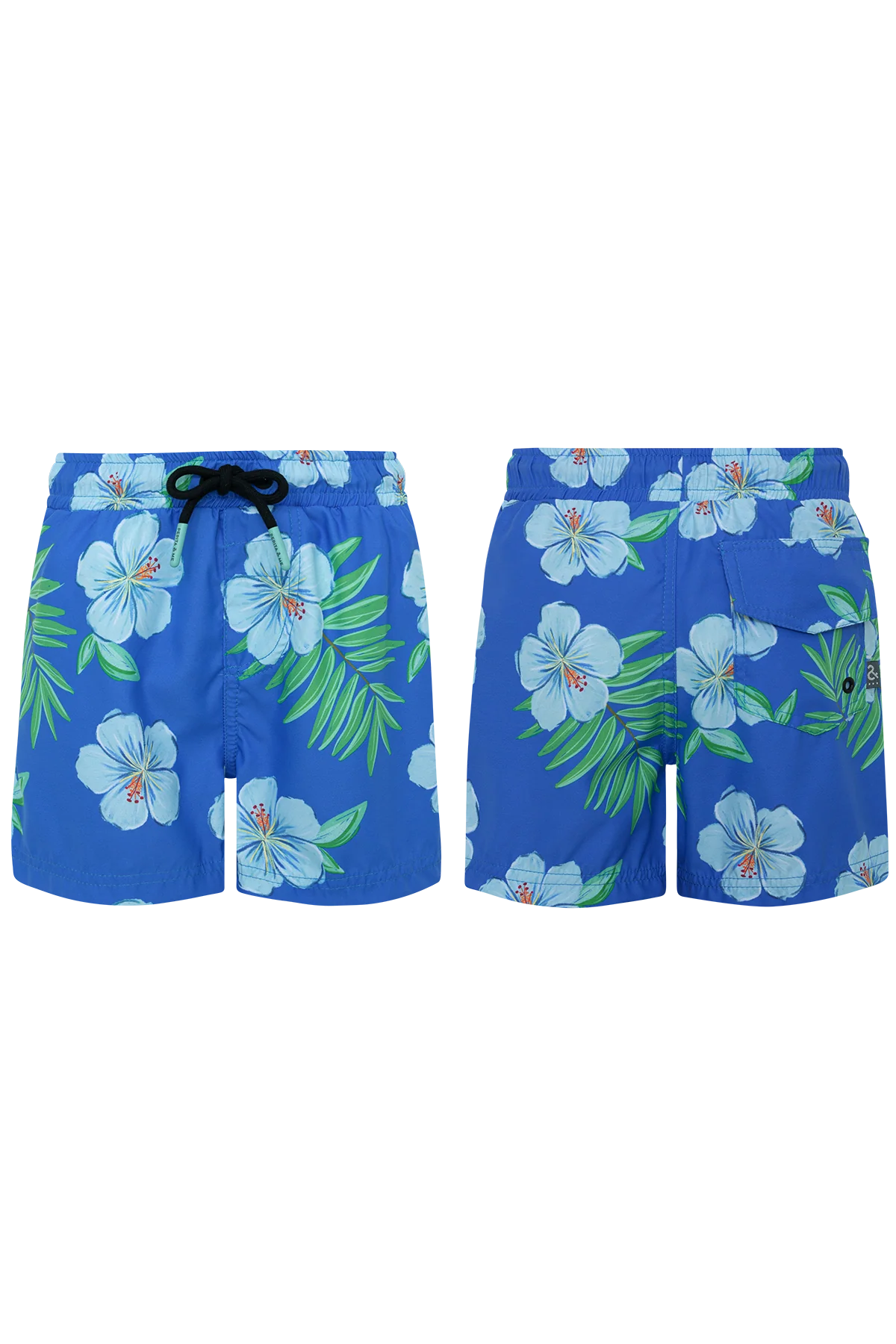 Blue hibiscus print swimshorts for men by Pepita & Me, featuring a vibrant tropical hibiscus design and comfortable fit.