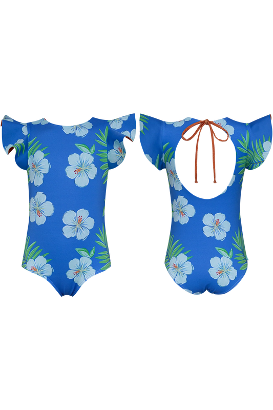 Hibiscus Azul Dayana one-piece swimsuit by Pepita & Me featuring a vibrant hibiscus floral pattern and adjustable straps.